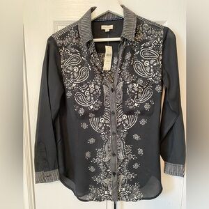 Anthropologie Pilcro NWT Bandana Print Oxford blouse Navy White Size XXS petite